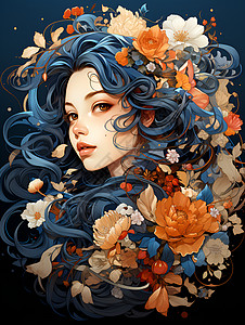 蓝发女子与花朵之梦图片
