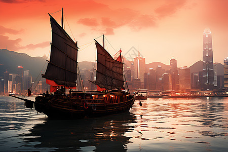 城市港口的帆船背景图片