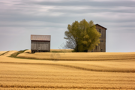 金黄麦田里的农舍背景图片