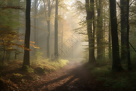 迷雾中的林间小道图片