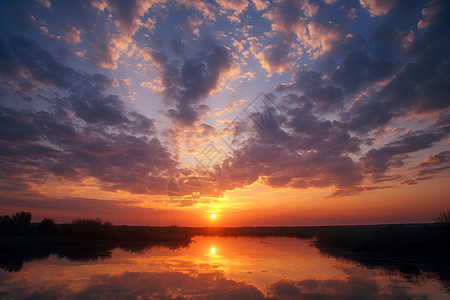 夕阳映照下的湖面背景图片