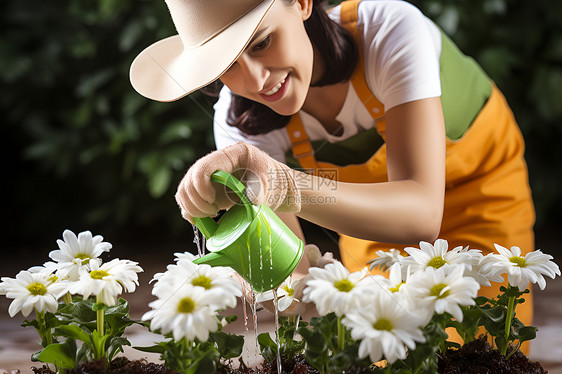 女人在花园里浇花图片