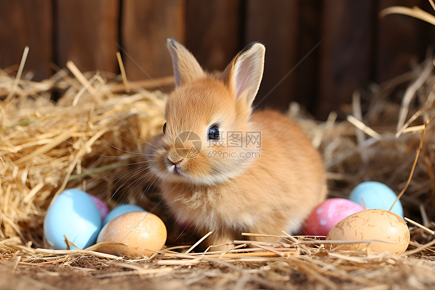兔子坐在彩蛋中间图片