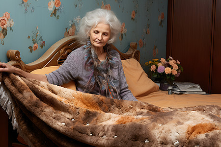 卧室床上的老年女性图片