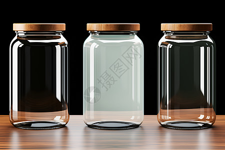 罐头木桌上的玻璃罐背景