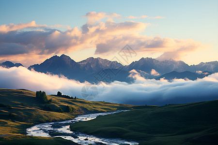 山峰红旗夕阳下的山谷背景