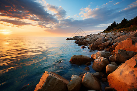 日落下的海岸岩石图片
