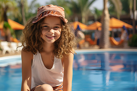 泳池边的可爱小女孩背景图片