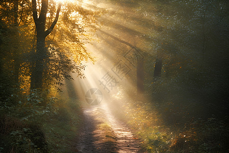 林间小径上阳光穿过树林图片