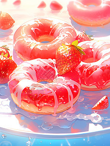 新鲜的奶油草莓甜甜圈背景图片