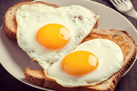 面包片上的两个心形煎蛋图片