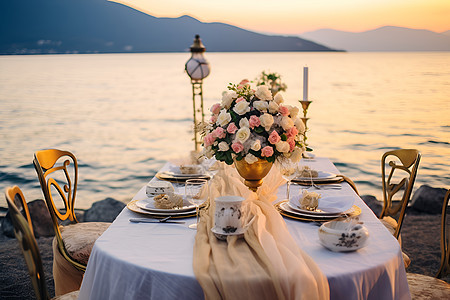 海边的婚礼餐桌背景图片