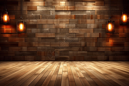 砖墙下的木地板背景图片