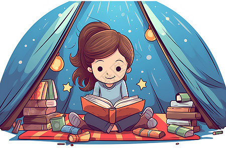 女孩在帐篷里阅读图片