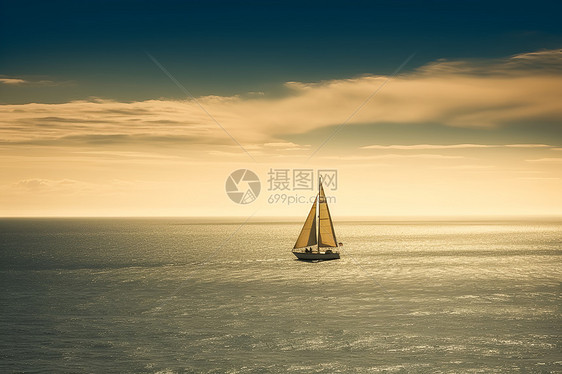 海洋日出上正在行驶的帆船图片