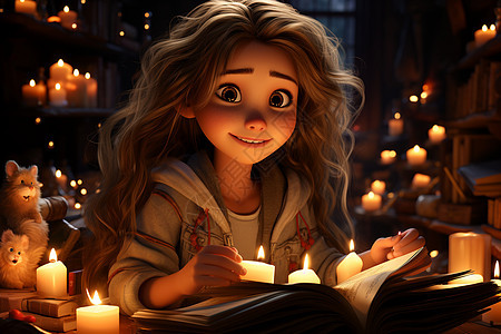 点着蜡烛阅读的女孩背景图片