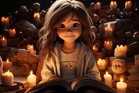 蜡烛灯下阅读的小女孩图片