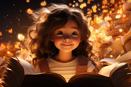可爱少女在星光中阅读图片