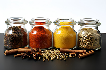 咖喱香料香料展示玻璃罐中背景