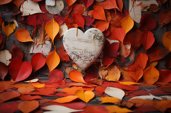 落叶堆上的心形盒子图片