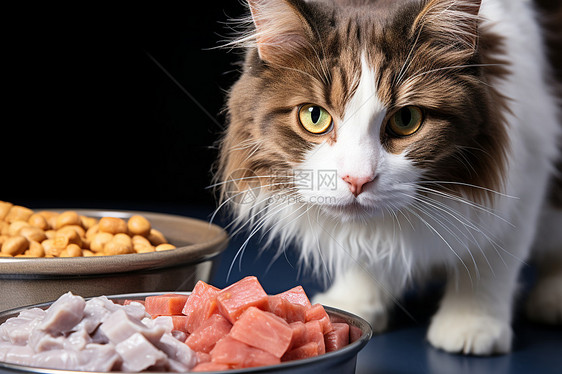 猫咪在桌上吃猫粮图片