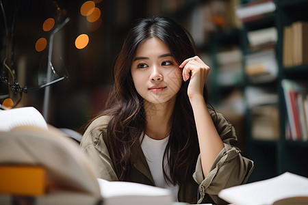 图书馆里学习的女生背景图片