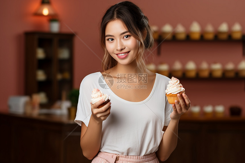 女人拿着杯子蛋糕图片