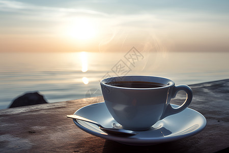 海边落日时一杯咖啡高清图片