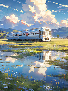 春日列车穿过湖水图片
