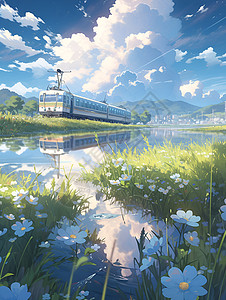 列车穿行在湛蓝天空下背景图片