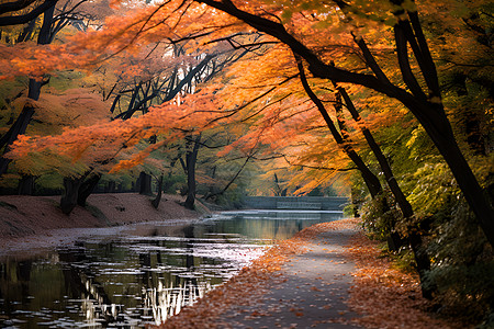 秋季户外的树木和河流背景图片