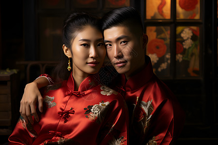 红色汉服的年轻夫妇背景图片