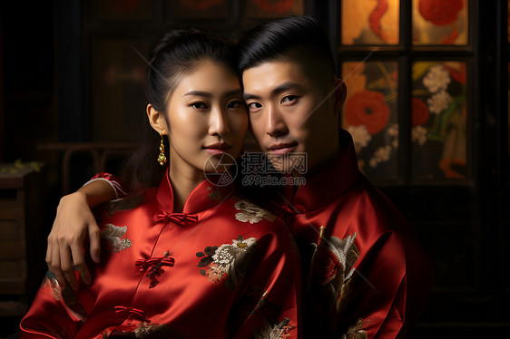 红色汉服的年轻夫妇图片