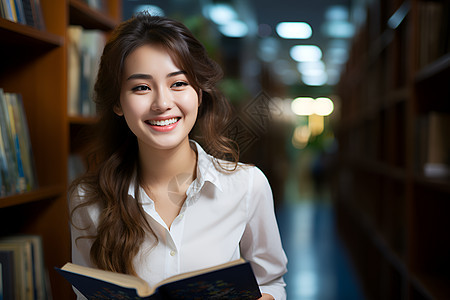 图书馆里微笑的女生图片
