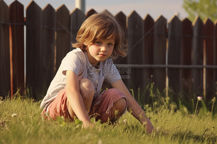 蹲在草地上的儿童图片