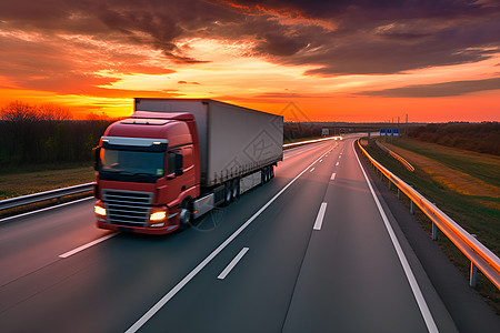 日落高速公路上行驶的大型货车图片