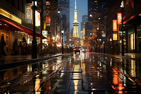 夜晚雨中的城市街道背景图片