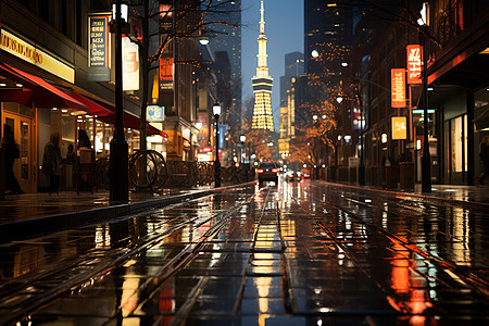 夜晚雨中的城市街道图片