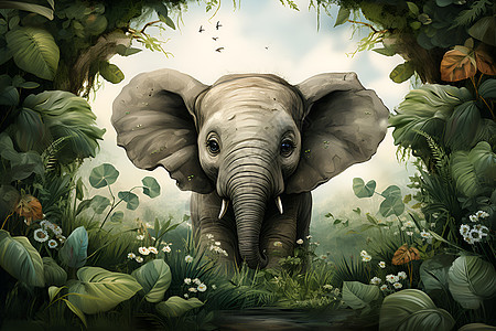 插画的野生大象图片