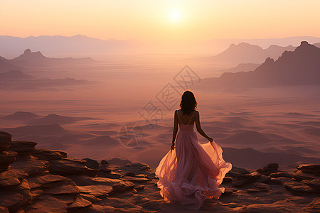 穿不上裙子沙漠山脉上的女性背景