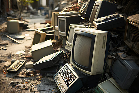 垃圾堆里的废弃电视机背景图片