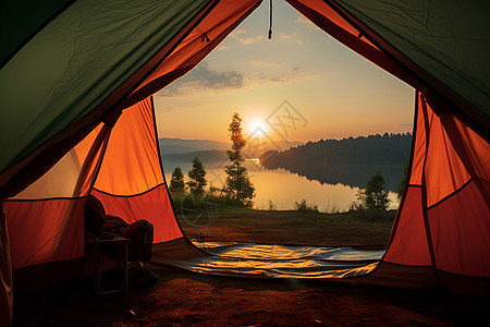 湖光山色帐篷旁的晚霞图片