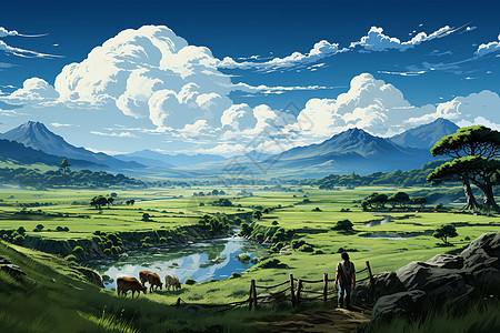 夏季乡村牧场的艺术插图背景图片