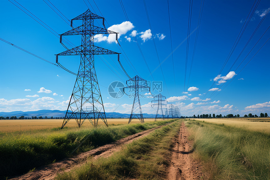 乡村田野中的电力运输电塔图片
