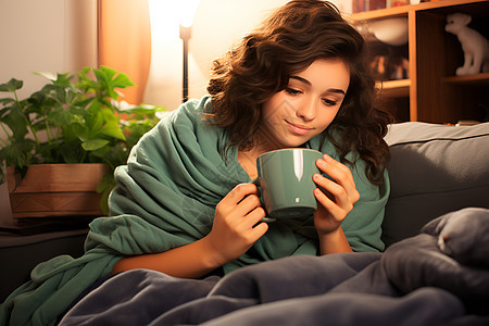 沙发上喝咖啡的女性背景图片