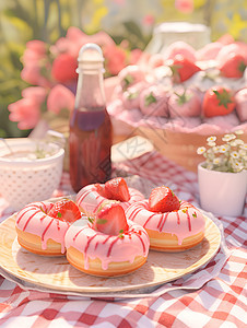 美食天堂中的草莓糖霜甜甜圈图片