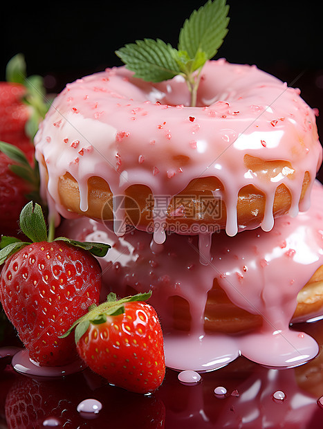 美味可口的草莓糖霜甜甜圈图片