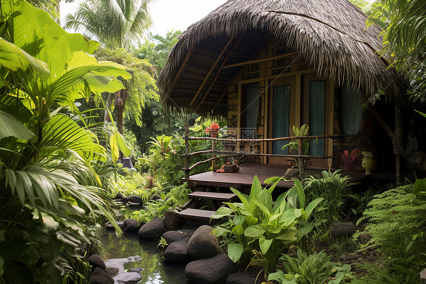 热带雨林中的小屋图片