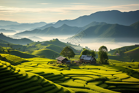 云雾山谷绿色山谷中的云雾背景