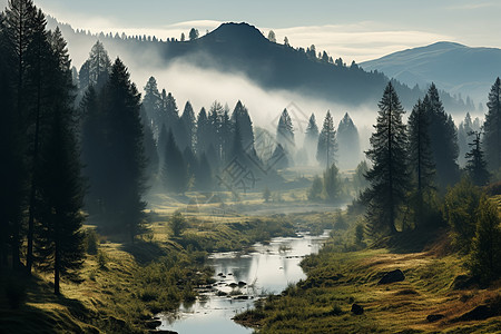 云雾中的山脉云雾缭绕的山林背景